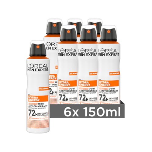 L'Oréal Men Expert 72H Deospray für Männer, Bodyspray gegen Schweißgeruch, Schwitzen und Achselnässe, Herren Antitranspirant mit kühlendem Effekt ohne Alkohol, Hydra Energy Extreme Sport, 6 x 150 ml
