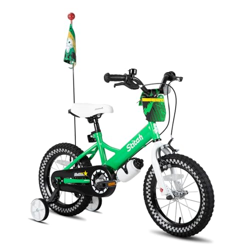 STITCH Little Rock 14 Zoll Kinderfahrrad für 3-5 Jahre Kinder Fahrrad, Jungen Fahrrad mit Stützrädern mit Korb & Bike Streamers,Grün