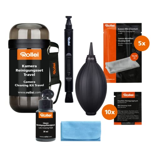 Rollei Kamera Reinigungsset Travel - Set zur Linsen-, und Objektivreinigung, inkl. Lenspen, Airblower und Mikrofaser-Tuch - Ideal für Unterwegs/Reisen - schwarz