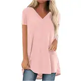 Awrvia Warehouse deals Angebote Oberteile Damen Kurzarm Sportshirt Locker V-Ausschnitt Tshirts Baumwolle Bluse Übergroßes Elegant Sommershirt Bequem Hemd Tops Sommerbluse Mode Kuschelig Outfits