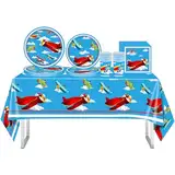 69-teiliges Flugzeug-Geburtstagsparty-Zubehör, Flugzeug-Geschirr-Set, Kunststoff-Tischdecke, Pappteller, Servietten und Becher, blauer Himmel, Einweg-Geschirr-Set für Kinder, Jungen, Mädchen,
