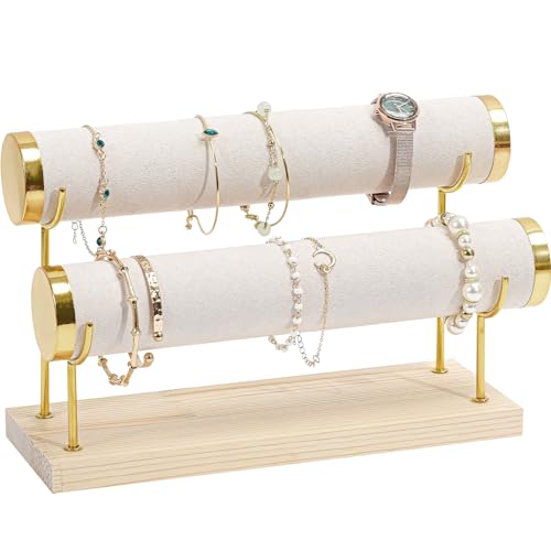 ProCase 2 Etagen T-Form Armbandhalter, Abnehmbare Armband Halterung Schmuckhalter, Samt Wrap Armbandständer Uhrenständer Aufbewahrung mit Holzsockel für Armreifen Armbänder Haarklammern Uhren -Beige