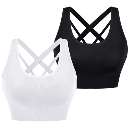 Leversic Sport BH Damen Push up, Sports Bra Ohne Bügel Sport BH Rückenfrei, mit Breiten Trägern für Besseren Halt und Unterstützung, 314-2PCS-Schwarz+Weiß, M