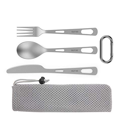 OUTXE Titanium Camping-Utensilenset 3-teiliges Titan Löffel-Gabelmesser-Kombi- und Neopren-Etui, Lunchbox-Besteckset und Reisebesteck.