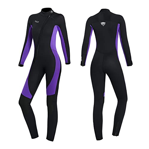 Joysummer 3mm Neoprenanzug Neopren Tauchanzüge - Damen Stretch Langarm Einteiler Tauchhaut Frontreißverschluss UPF50+ Badebekleidung für Scuba Surfen Schwimmen Schnorcheln Wassersport, Violett XL