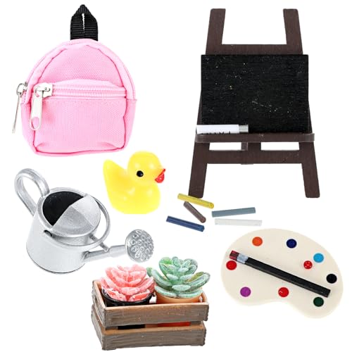 Yuanchu Möbel Puppenhaus Zubehör, 15 Mini Gartenarbeit Puppenhaus Deko Mal Kunst Set Mini Deko DIY Geschenk Sukkulenten Staffelei Gartenschmuck Miniatur Puppenhaus Deko Topfpflanze Buch Rucksack