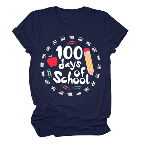 Tunika Damen Kurzarm Lässig 100 Tage der Schule Shirt Frauen Lehrer Shirts 100. Tag der Schule T Shirt Kausal inspirierende Tops T-Shirt Damen Bedruckt (Navy, L)