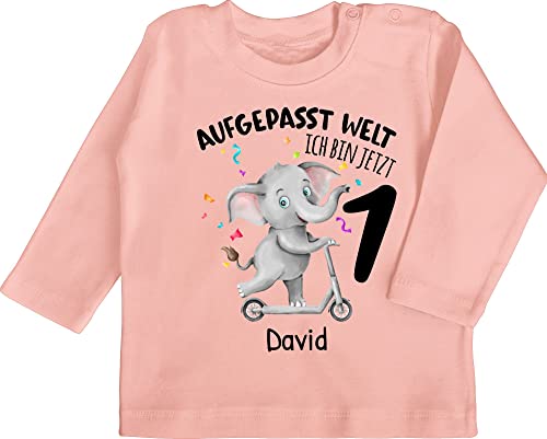 Baby Langarmshirt - 1. Geburtstag - Ich Bin jetzt 1 - Aufgepasst Welt - 12/18 Monate - Babyrosa - Pass auf Shirt Langarm erster Outfit mädchen erstes Jahr Tshirt zum Junge alt 1geburtstag t