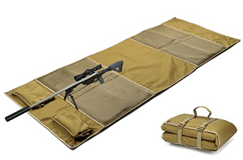 MOZETO Schießunterlage Extra Groß, Faltbare Schießunterlage mit Polsterung für Liegendes Schießen, Ausgestattet mit Molle-Gurtband-System und Zwei Zubehörtaschen (Zubehörtaschen-Stil, Tan)