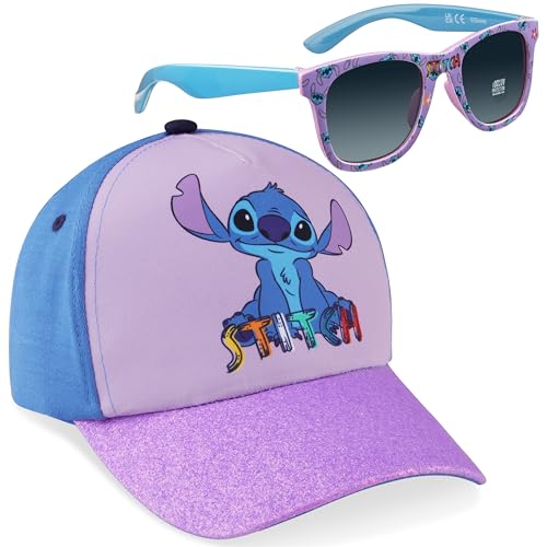 Disney Stitch Sonnenhut Kinder Mädchen Sommer Basecap Kinder Jungen und Sonnenbrille Set 100% UV Schutz Baseball Mütze ab 3 Jahren, Verstellbare Grosse (Lila Stitch)