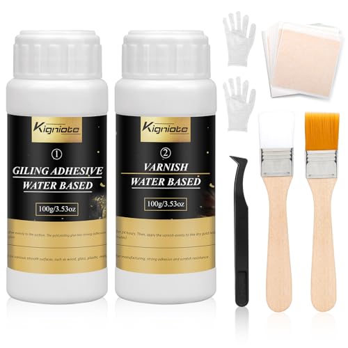 Kigniote Blattgold Kleber Set, inkl. 100 ml Kleber, 100 ml Schutzlack auf Wasserbasis, 100 Stück Blattgold zum Basteln, 2 Pinsel, 1 Handschuh, 1 Pinzette, ideal zum Malen und Bastelgebrauch