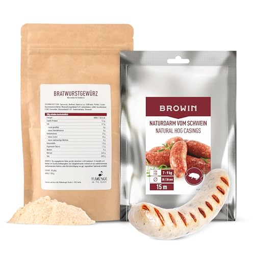 Bratwurst Set: Bratwurstgewürz 150g & Browin Naturdarm 15m (28/30 mm) – Schweinedarm & Gewürzmischung für Bratwurst & Fleischwurst, für Metzgereibedarf, Wursthülle & hausgemachte Wurstherstellung