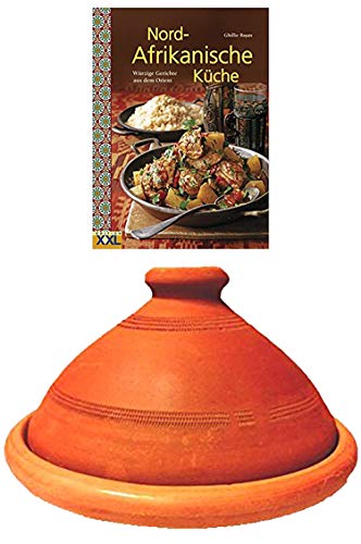 Tajine, original aus Marokko, inklusive Kochbuch Nord Afrikanische Küche, Tontopf zum Kochen, Tuareg Ø 35cm, für 6-8 Personen, handgetöpfert aus Marrakesch, frei von Schadstoffe