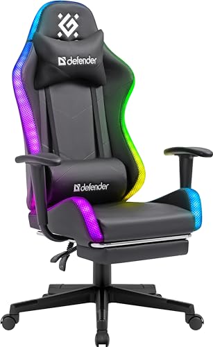 Defender Gaming-Stuhl mit RGB-Beleuchtung, ergonomischer Computerstuhl mit Fußstütze, bequemer Bürostuhl für Heimbüro oder Gamer Sessel, Stahlrahmen, höhenverstellbar, PVC-Leder, Schwarz