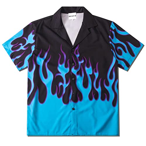 Damen-Shirt, Flamme, Button-Down-Shirt, kurzärmelig, Bowling, 3D-Grafik, #118 Blau, Groß