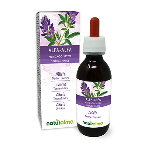 Alfalfa oder Luzerne (Medicago sativa) Kraut mit Blüten Alkoholfreier Urtinktur Naturalma - Reich an natürlichem Chlorophyll - Flüssig-Extrakt Tropfen 120 ml - Nahrungsergänzungsmittel - Veganer