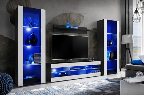 Komodee Wohnwand Wohnzimmerset Tivoli Grande, Weiß/Schwarz, Breite 250cm x Höhe 159cm x Tiefe 35cm, LED Blau, für Wohnzimmer, Schlafzimmer
