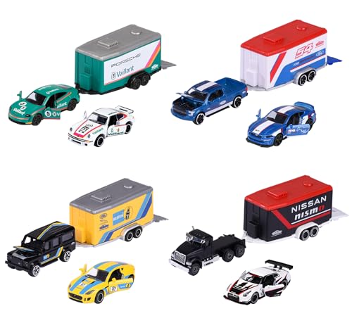 Majorette - Race Trailer Set - 2 Spielzeugautos & 1 Anhänger im Motorsport-Design, Autos und Trailer aus Metall, 19 cm, für Kinder ab 3 Jahren, zufällige Auswahl