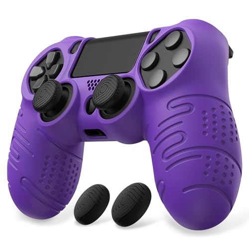 PlayVital Line & Dot Hülle für ps4 Controller, Case Zubehör Anti-Rusche weiche Schutzhülle für ps4 Slim und für ps4 Pro Controller mit Stick Kappen(Lila)