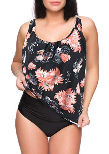 Octopus 2tlg. Damen Bademode Oversize Tankini Set mit High Waist Slip f5672 Farbe: Schwarz mit Blumen, High Waist Slip G(1448)+S9(sw), Gr. 64