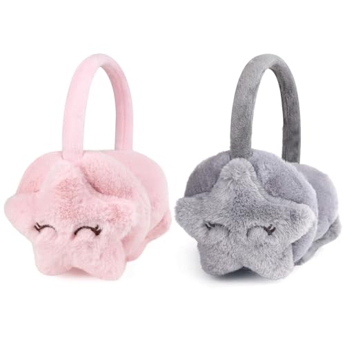 CHENKEE Winter Plüsch Ohrenschützer, 2 Stücke Kindern Ohrenschützer,Warme Ohrenwärmer, Winter Plüsch Outdoor Verstellbarer ohrenwärmer, Rosa, Grau (Stern)