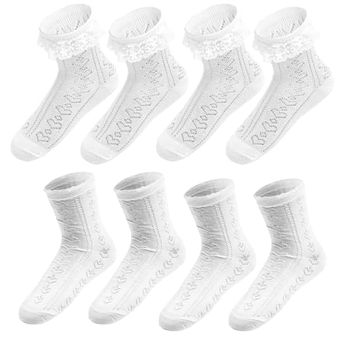 HENGBIRD 4 Paar Damen Rüschen Trachtensocken Weiße, Dirndl Socken Damen Trachtenstrümpfe Rüschen Socken Mädchen Lange Kleidsocken White Ruffle Socks Spitzen Socken für Fasching Karneval Mottoparty