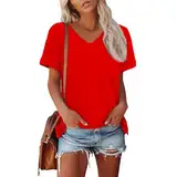 Generisch T Shirt Damen, Sommer Tshirt Tops Lässig Lose Kurzarm Tee Shirts Basic V Ausschnitt Oberteile Tunika Bluse Shirt Elegant Einfarbig Für Frauen Spitzen Damen Shirt (S, Rot)