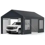 COSTWAY Zeltgarage Carport, 595x300cm, Garagenzelt mit 8 abnehmbaren Seitenwänden, Rolltüren & belüfteten Fenstern, Weidezelt, Lagerzelt, Garage Unterstand, Garagenüberdachung für Auto, SUV, Lkw, Boot