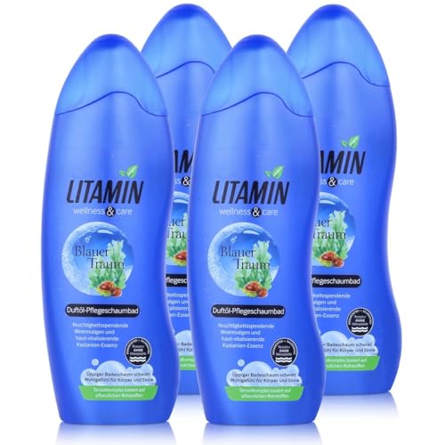 4er Set LITAMIN Blauer Traum Duft-Pflegeschaumbad (4x750ml) - für ein erholsames Badeerlebnis mit Meeresalgen & Kastanien-Essenz - Rezeptur ohne Mikroplastikpartikel Parabenen und Silikone
