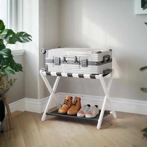 Semiocthome Kofferständer, Faltbarer Gepäckträger aus Bambus mit Ablage für Gästezimmer, Schlafzimmer, Hotel, HBT: 52 x 67 x 45 cm - Weiß