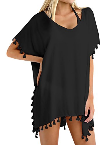 Chalier Damen Strandponcho Bikini Cover Up Quasten Strandkleid Sommer Bademode