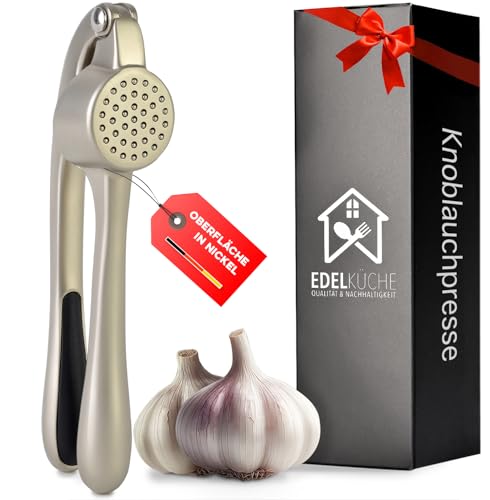 EdelKüche Premium Knoblauchpresse für Knoblauch & Ingwer (ohne Schälen) | Spülmaschinenfest | Ingwerpresse, Küchenutensil, Küchenwerkzeug | Praktisch und Pflegeleicht | Einfaches Pressen (Nickel)