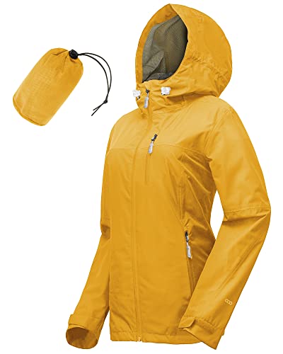 33,000ft Regenjacke Damen Wasserdicht Outdoorjacke Atmungsaktiv Herbst Übergangsjacke Leichte Jacke mit Kapuze Windbreaker zum Wandern Reisen Treking Fahrrad Goldgelb 40