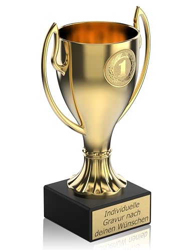 Zelaro Henkelpokal in Gold | Pokal mit Gravur Wunschtext – Trophäe in 5 Größen | Pokal Fußball | Fussball Pokal Kinder - 16 cm inkl. Marmorsockel
