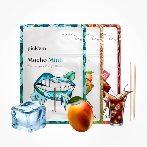 pick'em Zahnstocher mit Geschmack BESTSELLER 3-Pack [60x ZAHNSTOCHER MIT GESCHMACK] - Minze, Mango, Cola (unsere 3 Bestseller) - Zahnstocher mit Geschmack - aromatisierte Zahnstocher