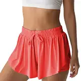 Flowy Athletic Shorts für Damen, Laufen, Tennis, Schmetterling-Shorts, Mädchen, 2-in-1, doppellagig, schnelltrocknend, bequeme Shorts, Orange, rot, Groß