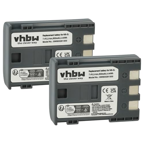vhbw 2X Akku kompatibel mit Canon PowerShot S70, S80, S50, S60, G7, G9, S40, S45, S30 Videokamera Camcorder (600 mAh, 7,2 V, Li-Ion)