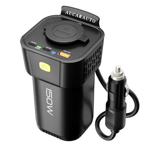 AUCARAUTO 150W Spannungswandler, DC 12V zu 230V AC 5-in-1 Wechselrichter Getränkehalter Konverter mit 10A Zigarettenanzünder Steckdose, 2 USB-C 30W & 1 USB-A 18W Ladeanschlüsse - Schwarz