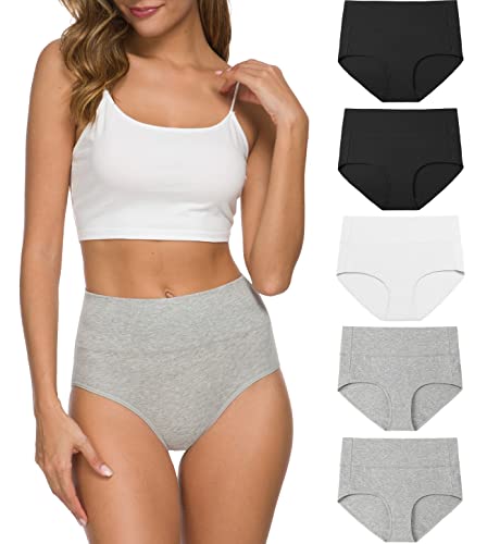 Wealurre Unterhosen Damen Baumwolle Unterwäsche Hohe Taille High Waist Slip Damen Weich Wochenbett Unterwäsche Frauen 5er Pack (1002 B/W/G, M)