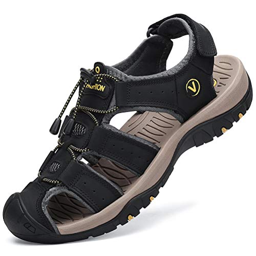 FLARUT Sandalen Herren Outdoorsandalen Sommer Wanderschuhe Trekkingsandalen Leder Strand Wandersandale Laufschuhe Lässige Sneaker Sportsandalen(schwarz,43)