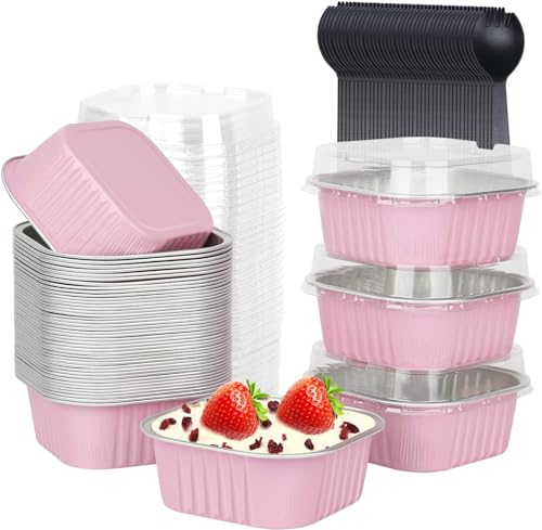 KAHEIGN 50Pcs Mini-Kuchen Förmchen Backförmchen aus Aluminiumfolie, 150ml Quadratische Backformen Kuchenförmchen mit Deckel, Muffinförmchen Cupcake Schüssel, Backformen für Dessert