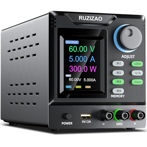 RUZIZAO Labornetzteil 60V 5A, Labornetzgerät DC Regelbar Netzgerät mit Ausgangsschalter/Speicherplatz, Stabilisiertes Schaltnetzteil 4-Stelliges LED Farbdisplay, Encoderknopf, 5V 2A USB-Anschluss