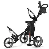 COSTWAY Golf Trolley, 3 Rad Golftrolley klappbar, Golfcaddy aus Aluminum mit Sitz, Verstellbarer Griffe & Vorderrad, Golfwagen mit Schirmhalter & Aufbewahrungstasche (Grau, Mit Sitz)