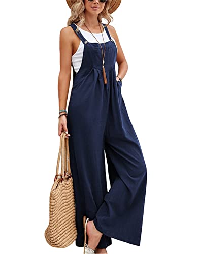 SotRong Latzhose Damen Weite Bein Schlag Jumpsuit mit Tasche Loose Fit Baggy Playsuits Sommer Boho Strampler Ärmellos Riemchen Overalls Casual Adjustable Bib Pants Marineblau M