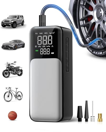 Tragbarer Luftkompressor, Fahrradpumpe mit digitalem Reifendruckmesser, 150PSI Luftpumpe für Autoreifen, 10000mAhwiederaufladbare Batterie, 12V DC Reifenpumpe für Auto, Fahrrad, Motorrad, Ball