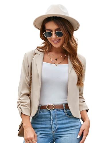 GRACE KARIN Damen Business Casual Cropped Blazerjacke Offene Blazer 3/4 Ärmel kurz Leicht Jacke Mantel Strickjacke Cardigan L Aprikose-Anzugstoff CL2584A23-03