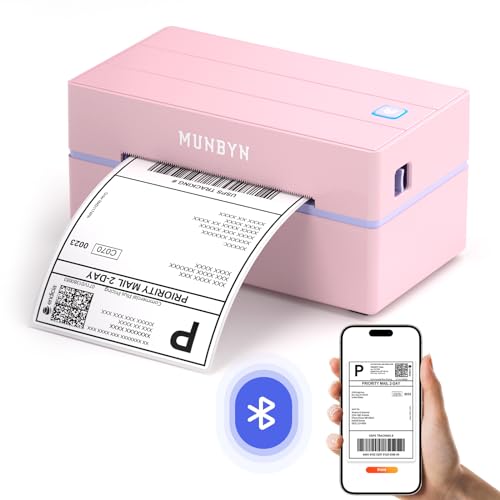 MUNBYN DHL Etikettendrucker Bluetooth, Labeldrucker DHL Versandetiketten Drucker Bluetooth Thermal Printer für Shopify Zalando Ebay Amazon UPS ITPP130B Rosa