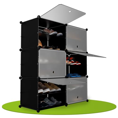Juskys Schuhschrank mit 6 Würfel & Türen - Kunststoff Schrank für bis 24 Paar Schuhe - Regal geschlossen - Steckregal Schuhregal - Würfelregal Schwarz