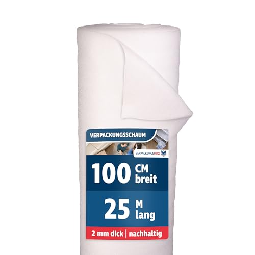 Verpackungsschaum Rolle 1m x 25m | 25m² Verpackungsmaterial 2mm PE-Schaum | Ideales Füllmaterial für Pakete & Umzugsmaterial als Möbelschutz | Schaumfolie als Polstermaterial