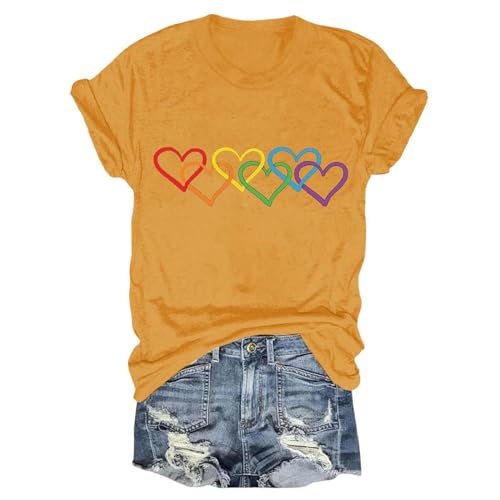 Modisches T-Shirt für Damen und Mädchen, 2024, Damen-T-Shirt, Regenbogenfarben, Herz, lässig, Sommer, kurzärmelig, Rundhalsausschnitt, Tech-Pack, gelb, XXX-Large